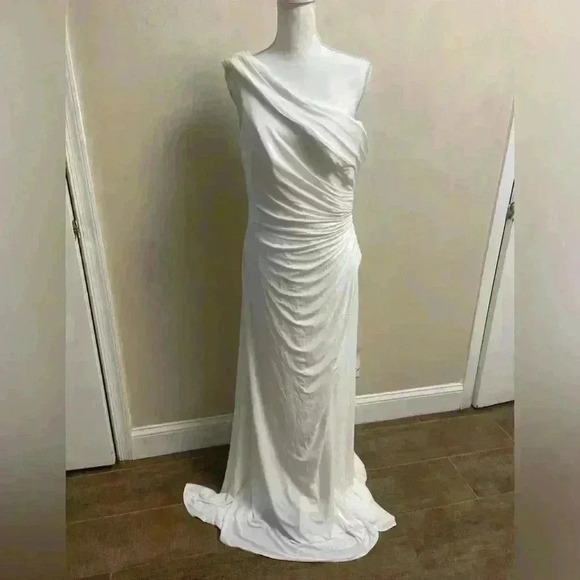 Mac Duggal One-Shoulder Ruched Jersey Gown white maxi Sz 10. NWT - Picture 4 of 10